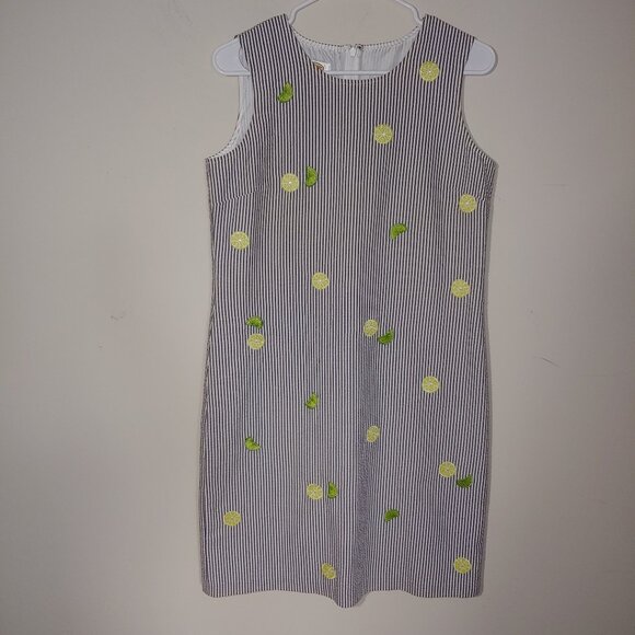 Talbots Seersucker Lemons&Limes Embroidered Sleeveless Dress Size 6P Blue Cream - Picture 2 of 9